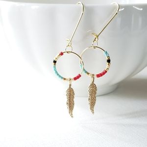 10k gold plated wire golden feather beads earring